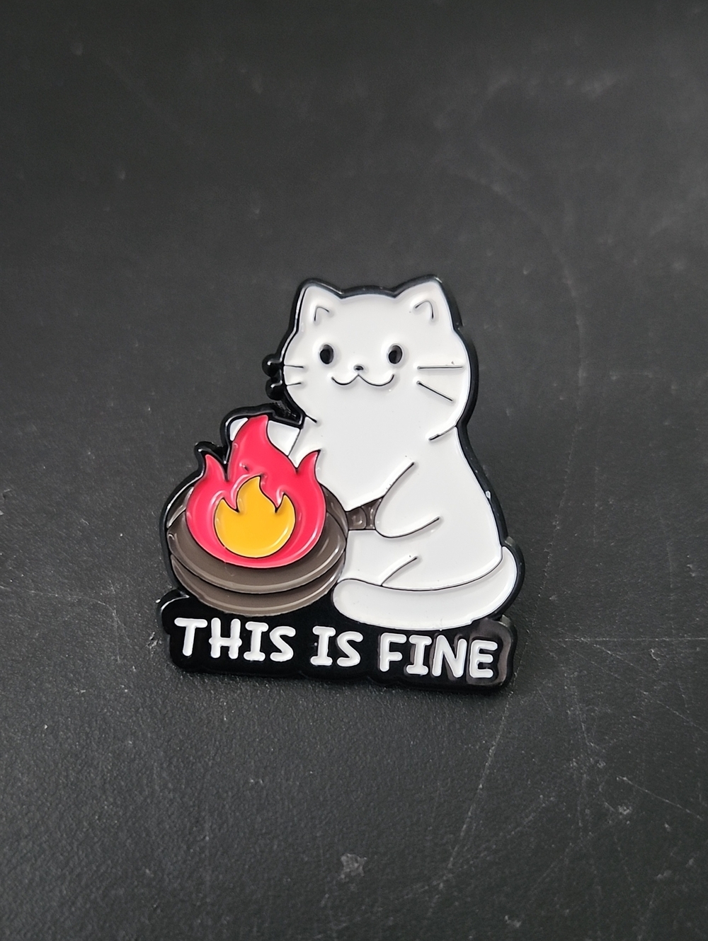 This Is Fine White Cat Enamel Pin with Red Flame